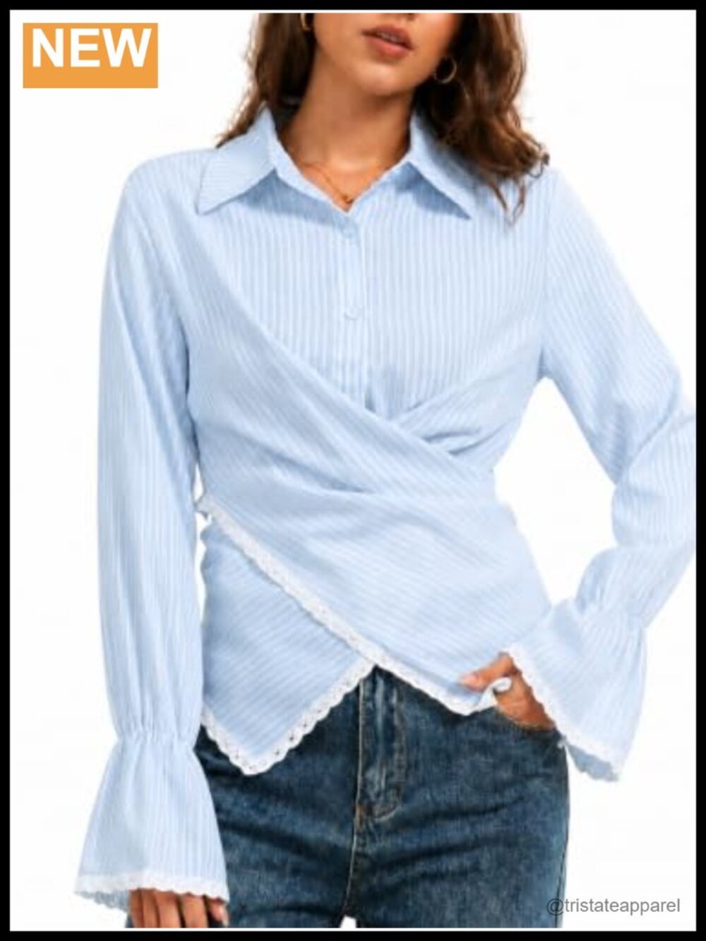 Women's Striped Wrap Button Down Shirt Tie Back Waist Long Sleeve Blouse
